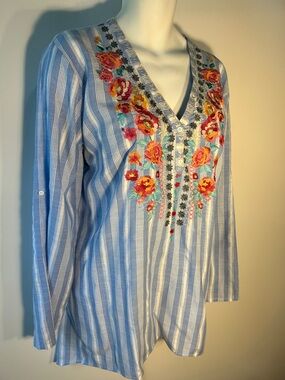 Andree SZ 3X Cotton Blue Stripe Embroidered Pullover Tunic Cottage Boho Country